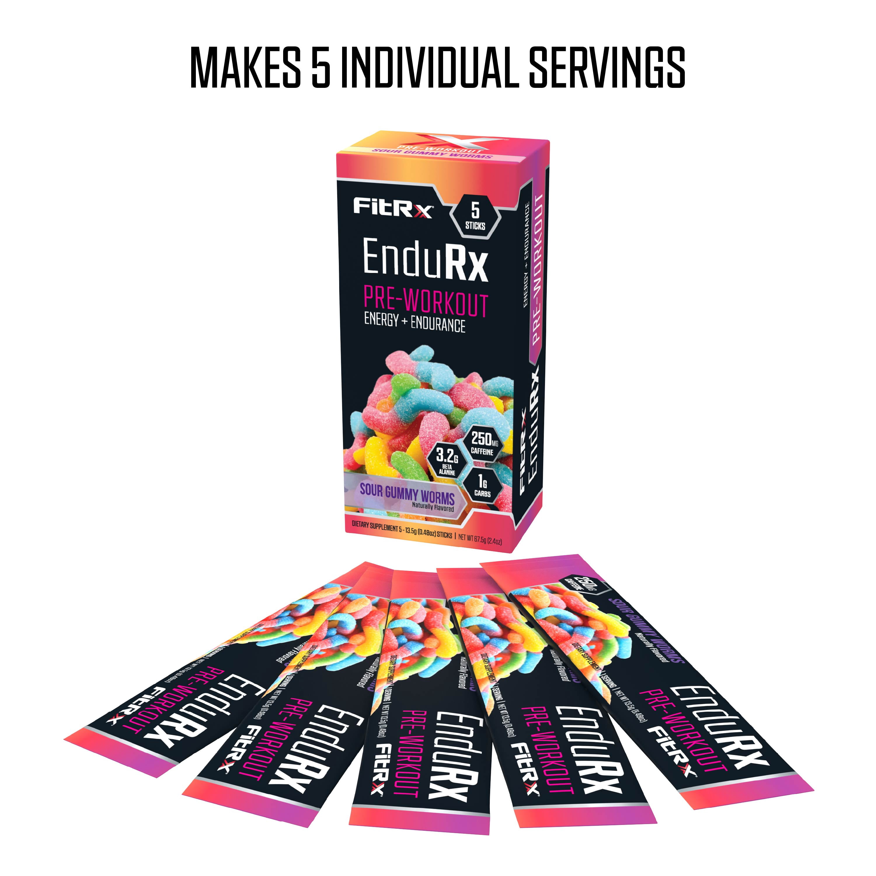 FitRx EnduRx Sour Gummy Worm Pre-Workout Powder – 5 Packets, 250mg Caffeine, 3.2g Beta Alanine, 2.4oz Total