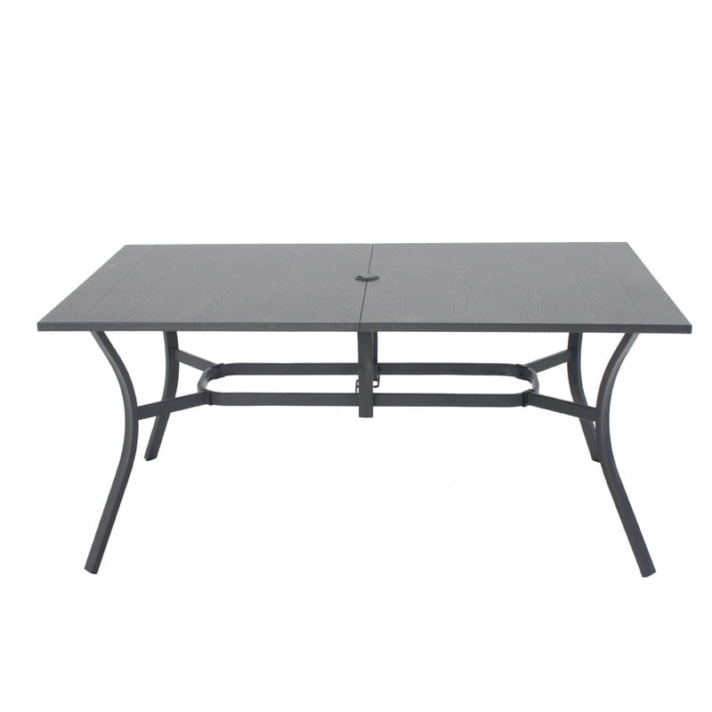 Howcool Outdoor Rectangular Dining Table w/ Imitation Wooden Tabletop, Iron Patio Table w/ Umbrella Hole