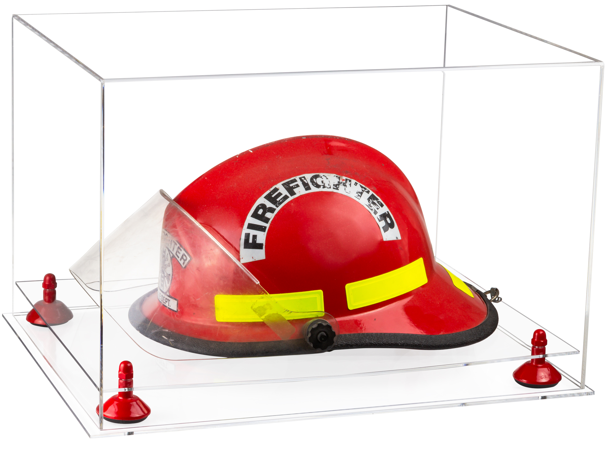 Clear Acrylic Fireman's Helmet Large Display Case with Red Risers and Clear Base (A014RR