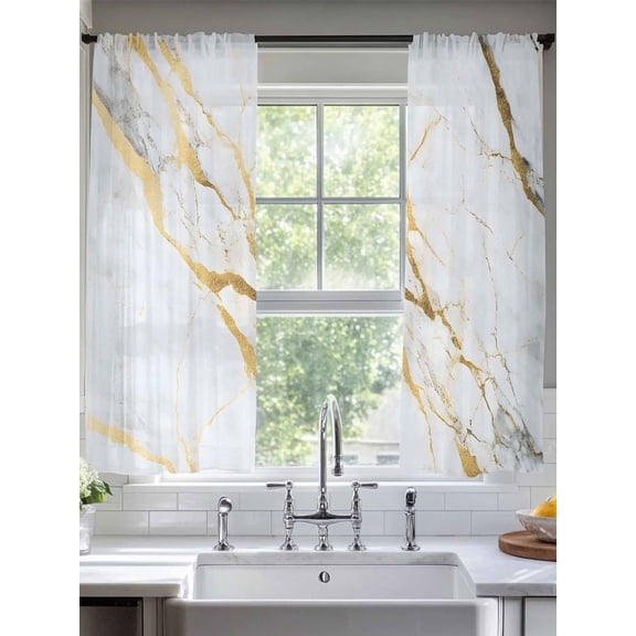 Marble White Gold Sheer Curtains for Living Room Bedroom Modern Marbles Geometric Sheer Curtains 63 Inch Long 2 Panels Set Light Filtering Curtain Window Treatments Drapes for Dining Room