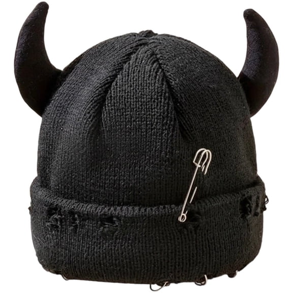 Unisex Knitted Beanie Hat, Devil Horns Knitted Hat, Halloween Distressed Skull Cap Funny Hip Hop Hat Windproof Warm Winter Yarn Hat For Men Women (Black)