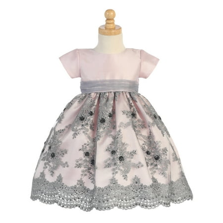 Made in the USA - Pink & Silver Tulle Holiday / Christmas Girls' Dress w/ Embroidery &