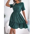 thumbnail image 7 of Wycnly Sundresses for Women Short Sleeve Round Neck Leopard Print Mini Dresses Elastic Waist Flowy Ruffle Swing A Line Summer Dress Green, 7 of 7