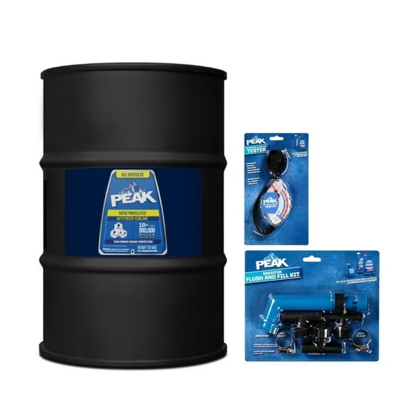 PEAK Antifreeze/Coolant, 50/50 Prediluted for All Gas/Diesel, Electric & Hybrid Vehicles, 300,000 Miles/10 Yrs, 55-gal Drum, PEAK Accessories Included