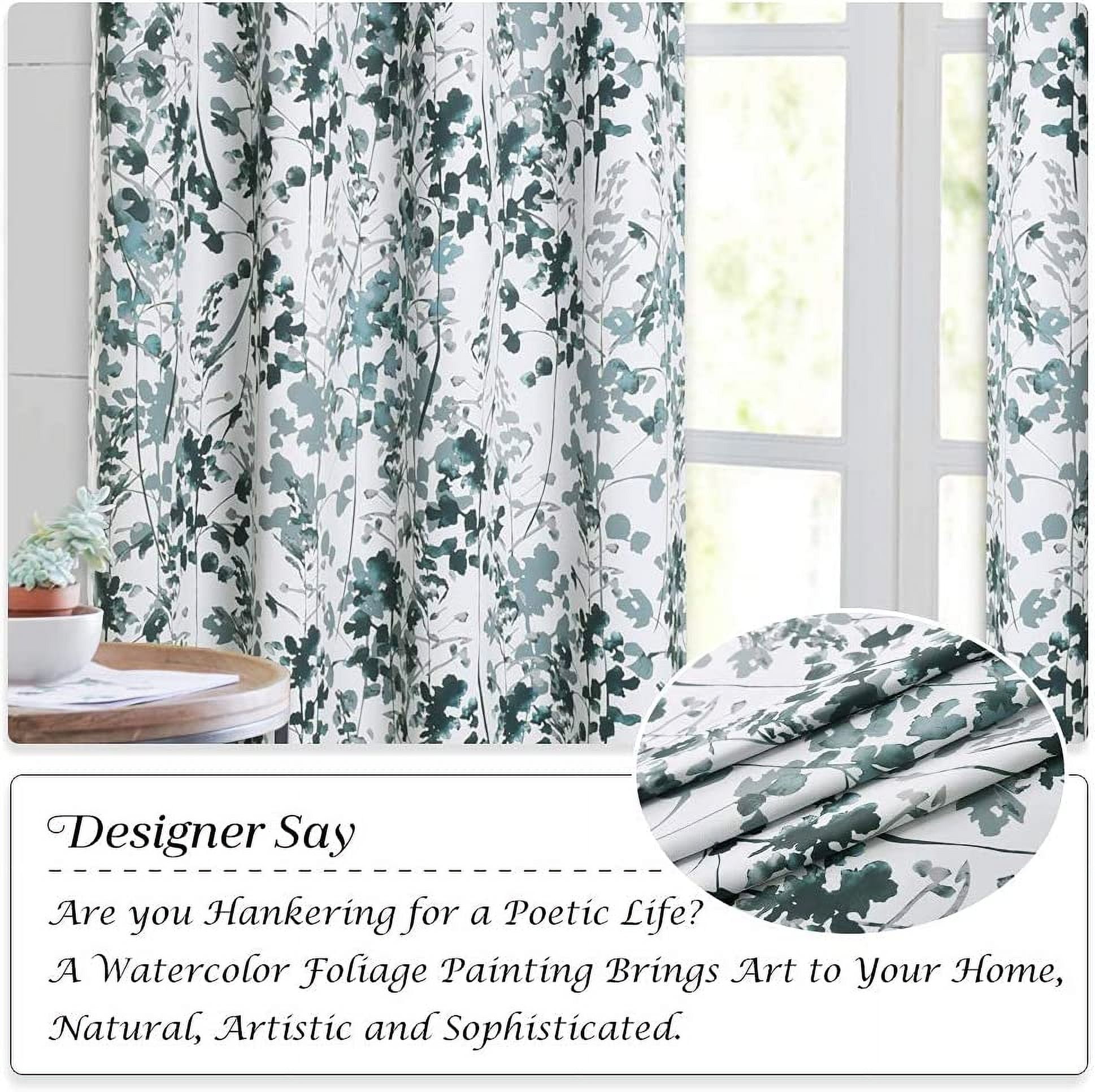 NICETOWN Floral Curtains for Kitchen, Vivid Watercolor Floral Painting Blackout Curtains Thermal Insulated Privacy Drapes for Art Gallery, Green, 52"x63", 2 Panels