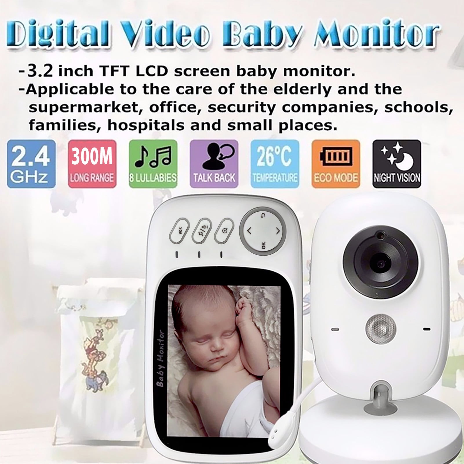 baby monitor Baby 3.2” Display Video Baby Monitor with Camera and Audio Remote Wide View Two Way Audio Talk Infrared Night 8 Lullabies US Plug