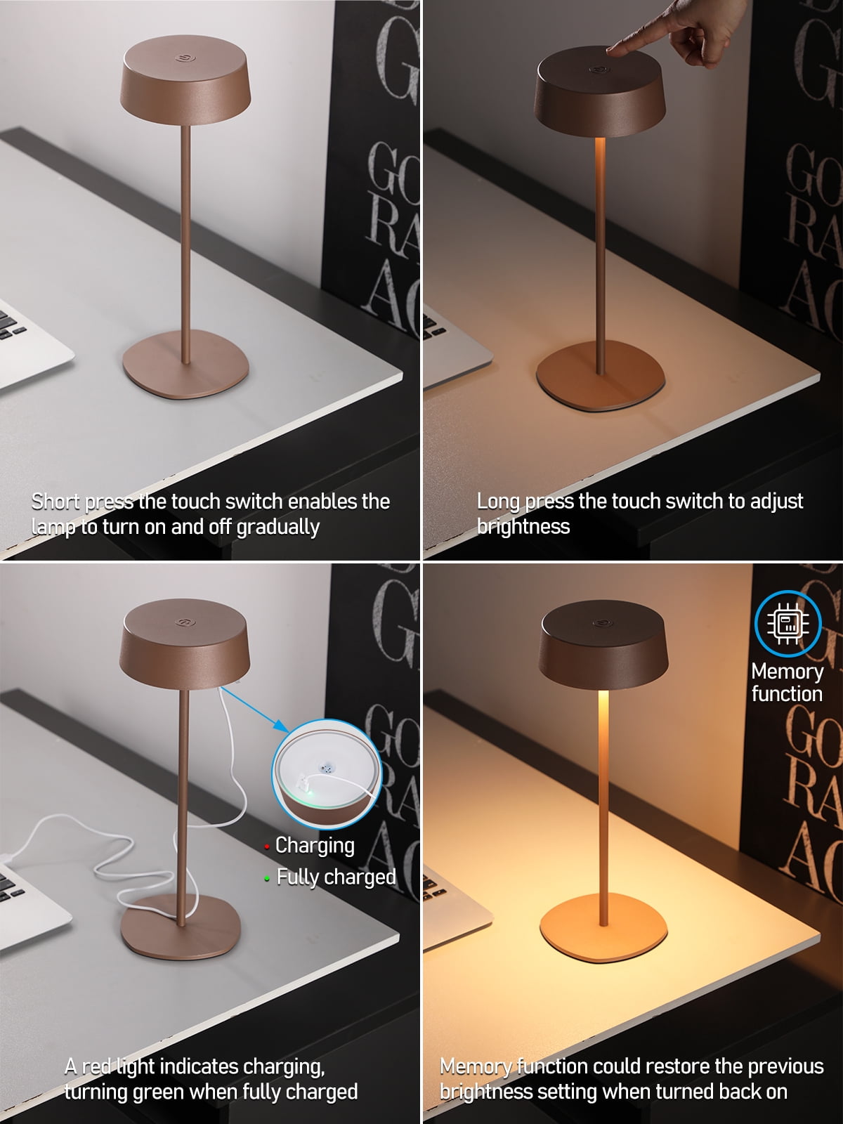2 Pack Cordless LED Table Lamp, Aluminum Portable Rechargeable Desk Lamp, Dimmable Touch Lamps for Bedroom Living Room Restaurant Patio, Brown