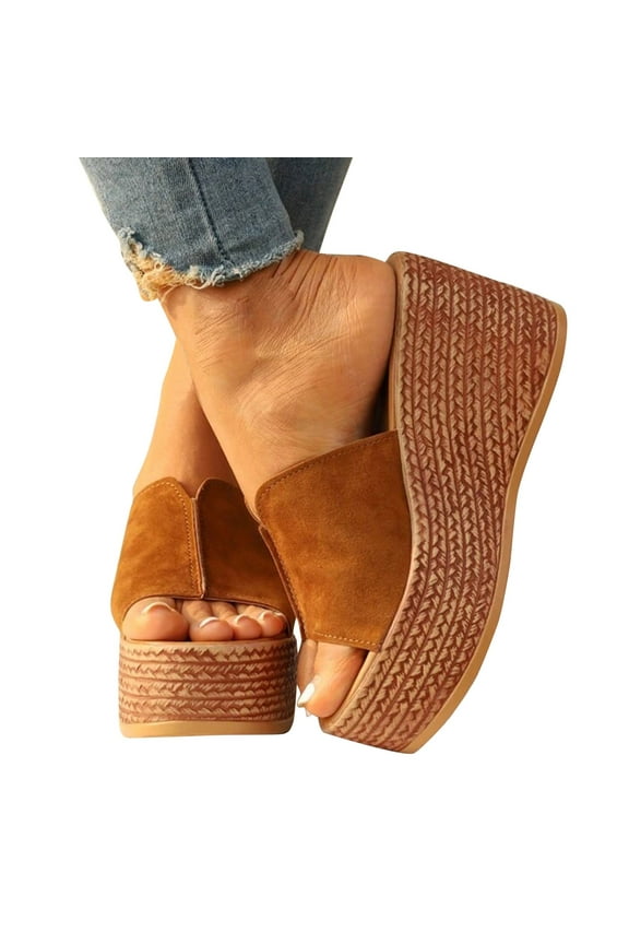 Womens Platform Brown Wedge Sandals Open Toe Comfortable Slip On Sandals Casual Summer Slide Shoes