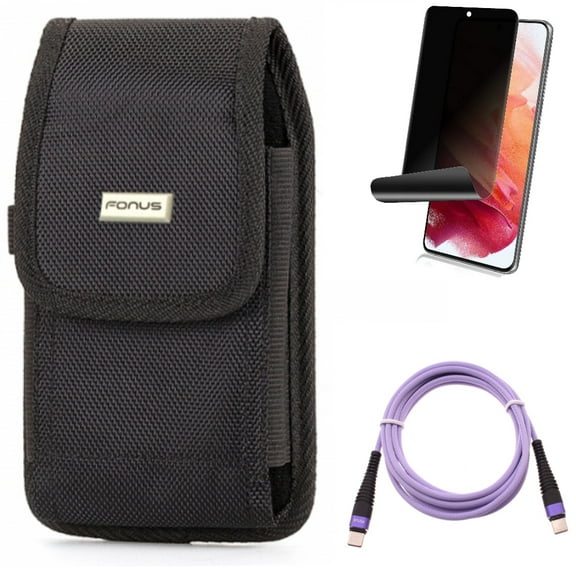 Purple 10ft PD Cable w Case Belt Clip w Privacy Screen Protector for Samsung Galaxy S21 Plus - Type-C to USB-C Fast Charger Cord, Swivel Holster, TPU Film Fingerprint Works Accessory Bundle