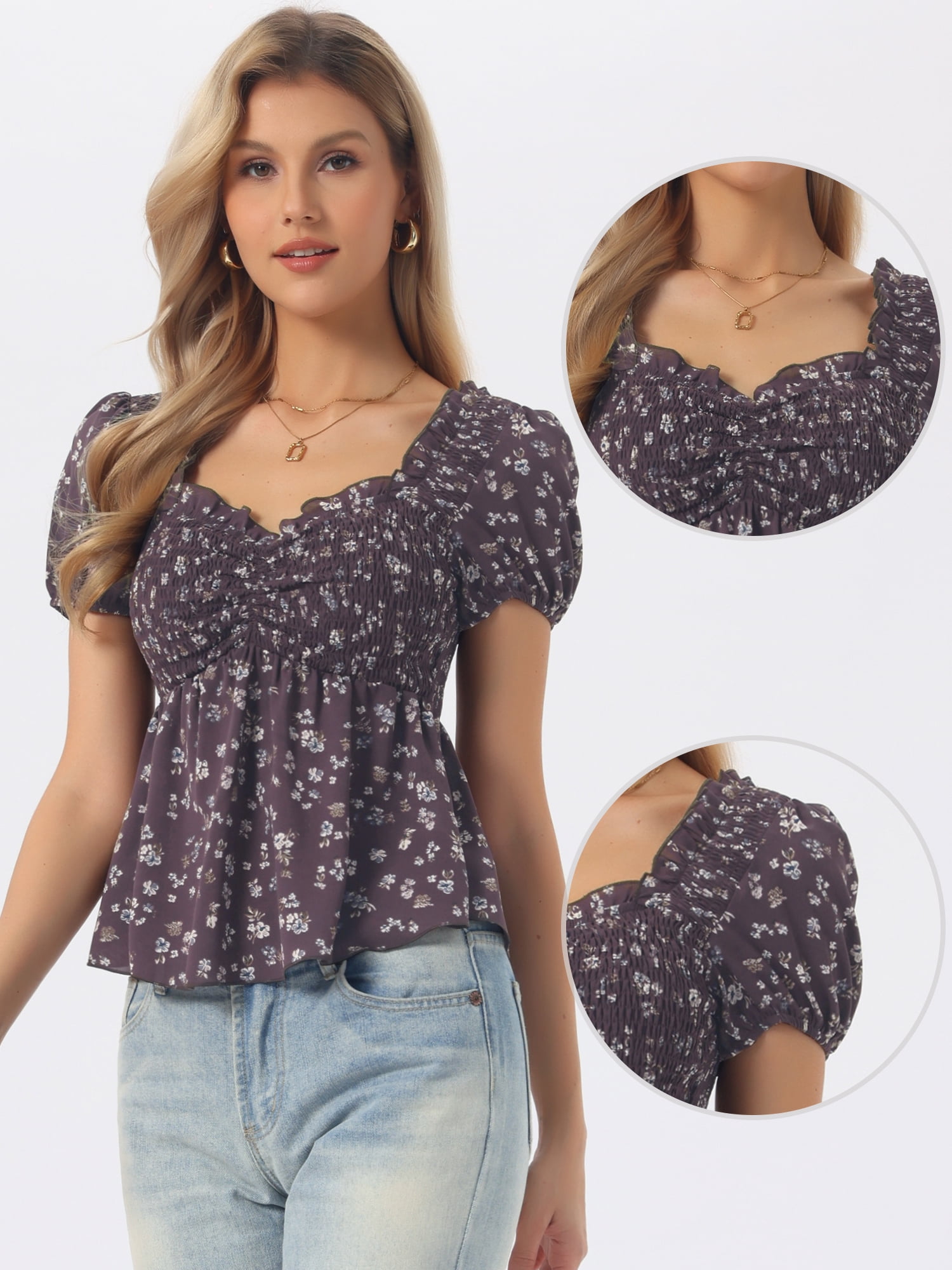 DARING DIVA Women's Puff Sleeve Floral Sweetheart Neck Ruffle Peplum Top S Coffee