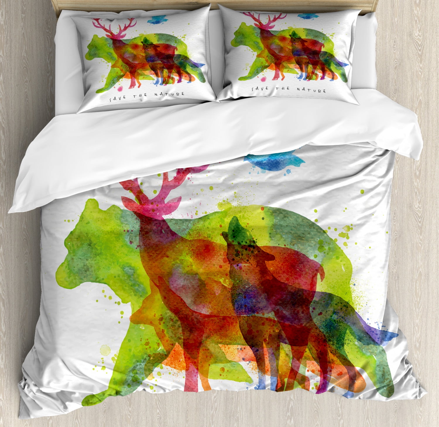 Animal Duvet Cover Set Queen Size, Alaska Wild Animals Bears Wolfs