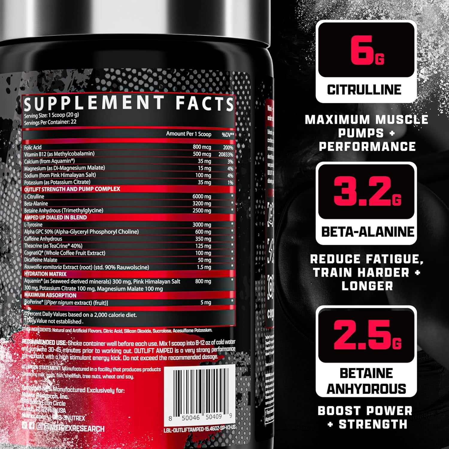 Nutrex Research OUTLIFT Amped Sucker Punch High Stim Pre Workout Powder 22 Servings