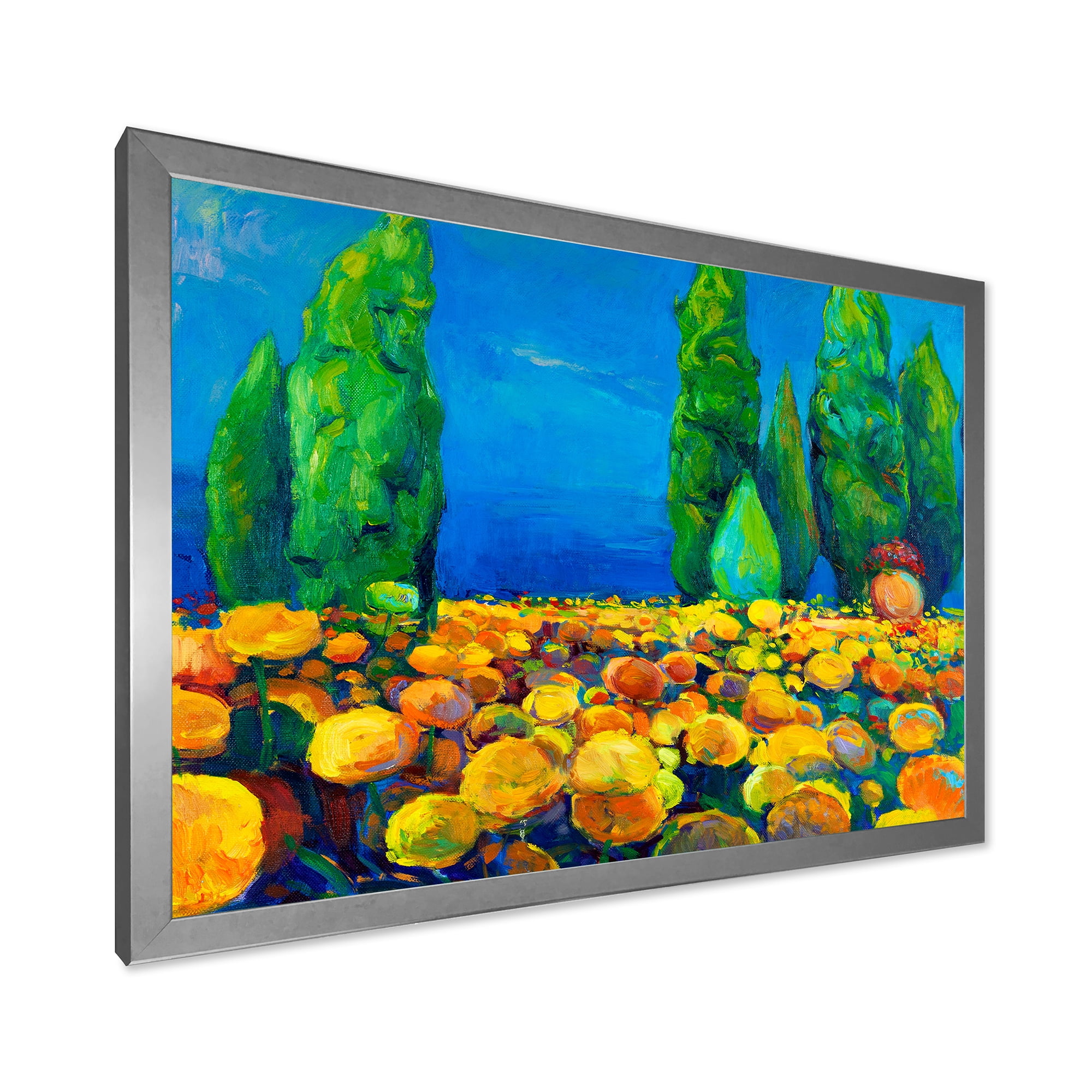 Designart 'Yellow Blossoming Flowers Landscape With Green Trees' Traditional Framed Art Print