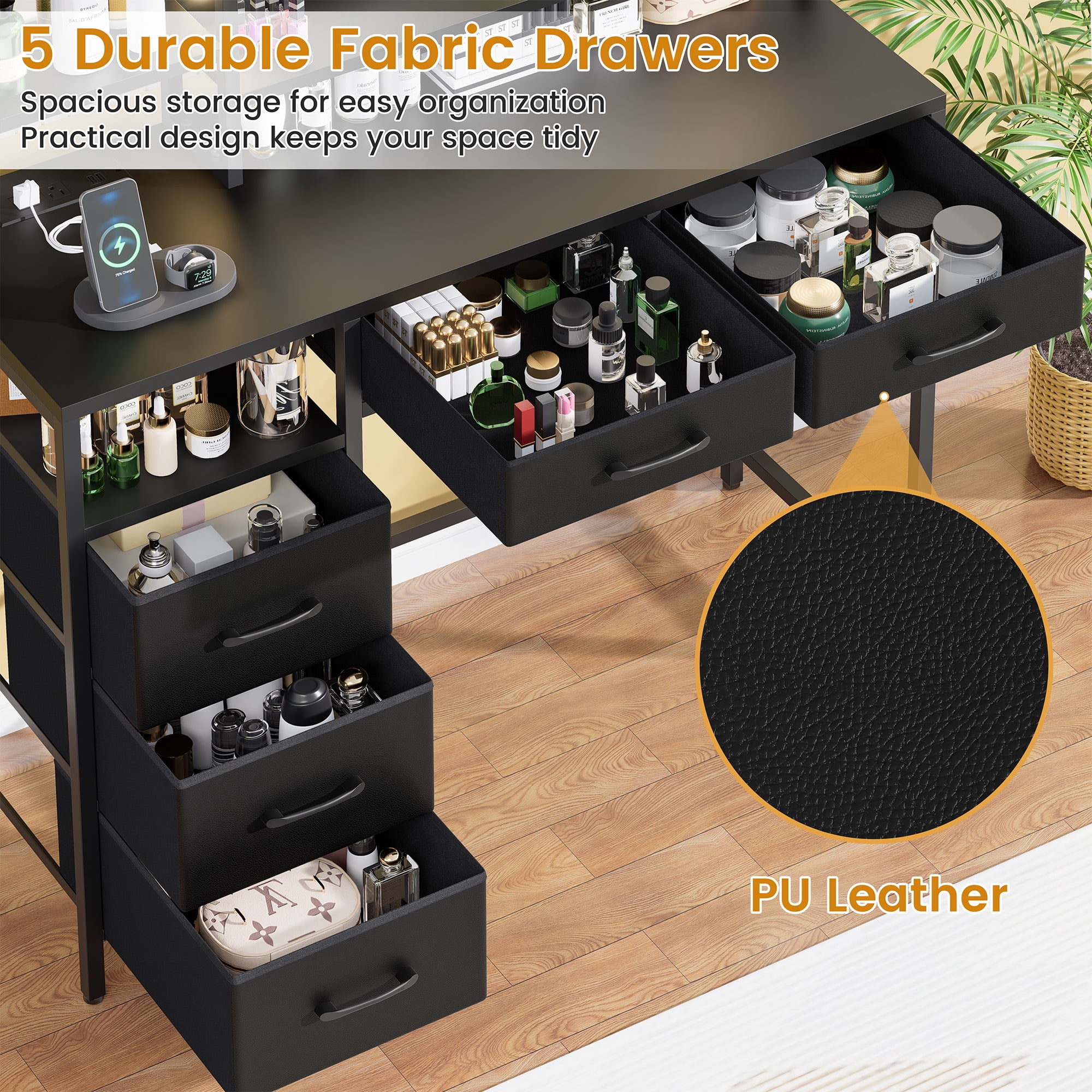 Vanity Desk with Mirror, 9 Lights, 3 Color Modes with Adjustable Brightness, 5 Spacious Fabric Drawers & Storage Shelves, Makeup Vanity with Power Outlets, Modern Vanity Table for Bedroom, Black