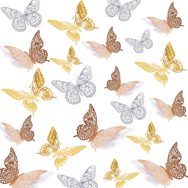 SAOROPEB Decoración de pared de mariposa 3D, 48 piezas, 4 estilos, 3 tamaños, adhesivos metálicos extraíbles para pared, adhesivos murales para habitación de niños, guardería, aula, decoración de fies