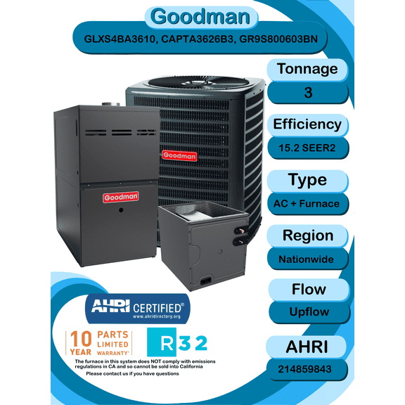 Goodman 3 ton 15.2 SEER2 Complete Split System with upflow coil and single stage 80% AFUE 60k BTU furnace with install accessories! (GLXS4BA3610 CAPTA3626B3 GR9S800603BN)