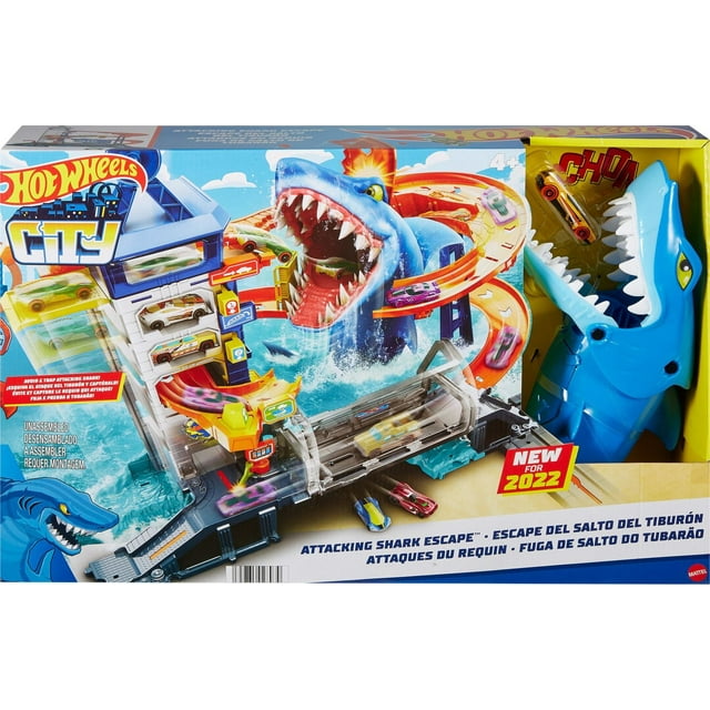 Hot Wheels Track Set and 1:64 Scale Toy Car, City Shark Escape, Multi-Level Playset