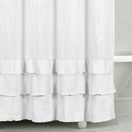 Echelon Home Ruffled Washed Belgian, White Linen Shower Curtain