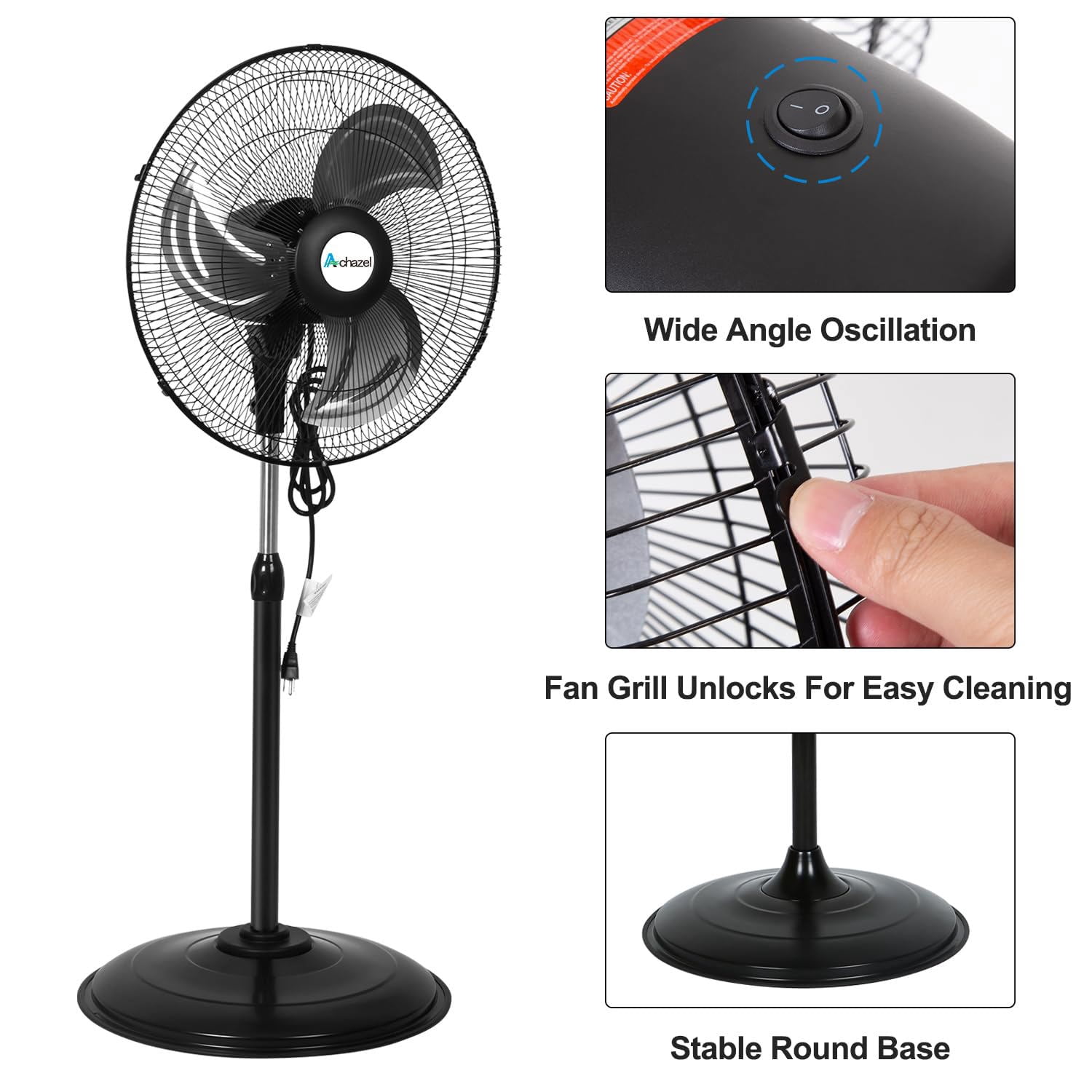 Achazel 18" Oscillating Pedestal Fan, 3 Speeds Heavy Duty Industrial Standing Fan with Aluminum Blades Adjustable Height for Commercial and Garage