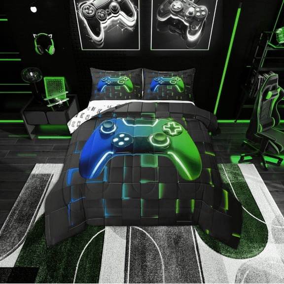Erosebridal Gamer Bedding Twin Comforter Set, Gradient Green Blue Checkered Down Comforter, Video Game Room Decorative, Reversible 2-Piece