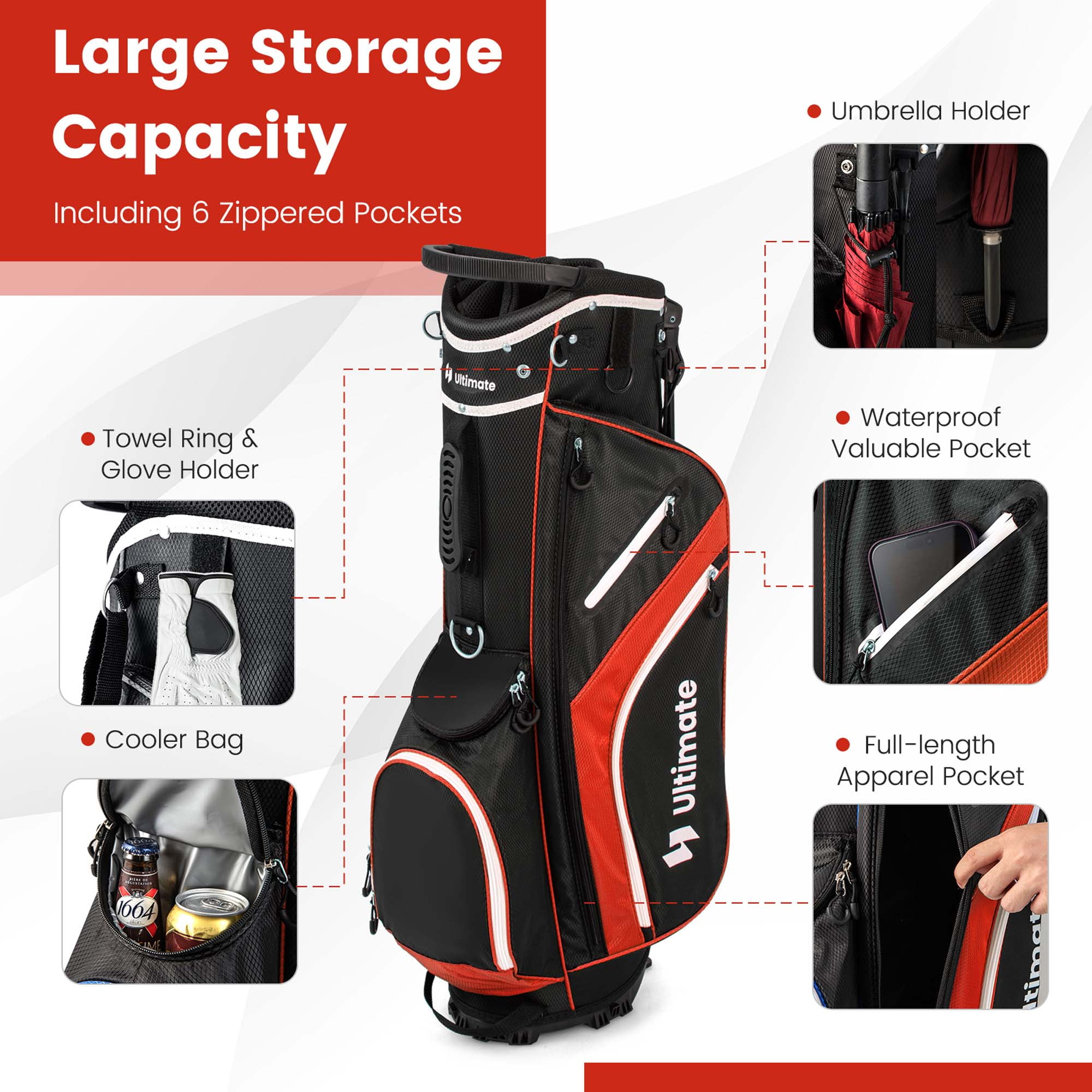 Costway Lightweight Golf Stand Bag with 14 Way Top Dividers 6 Pockets Cooler Bag Rain Hood Red