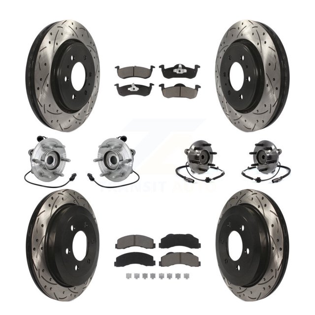 Transit Auto Front Rear Hub Bearing Assembly Coated Disc Brake Rotor and Ceramic Pads Kit (10Pc) for Car 2011-2014 Ford Expedition Lincoln Navigator RWD - Left Right Side (Driver Passenger) KBB-132685