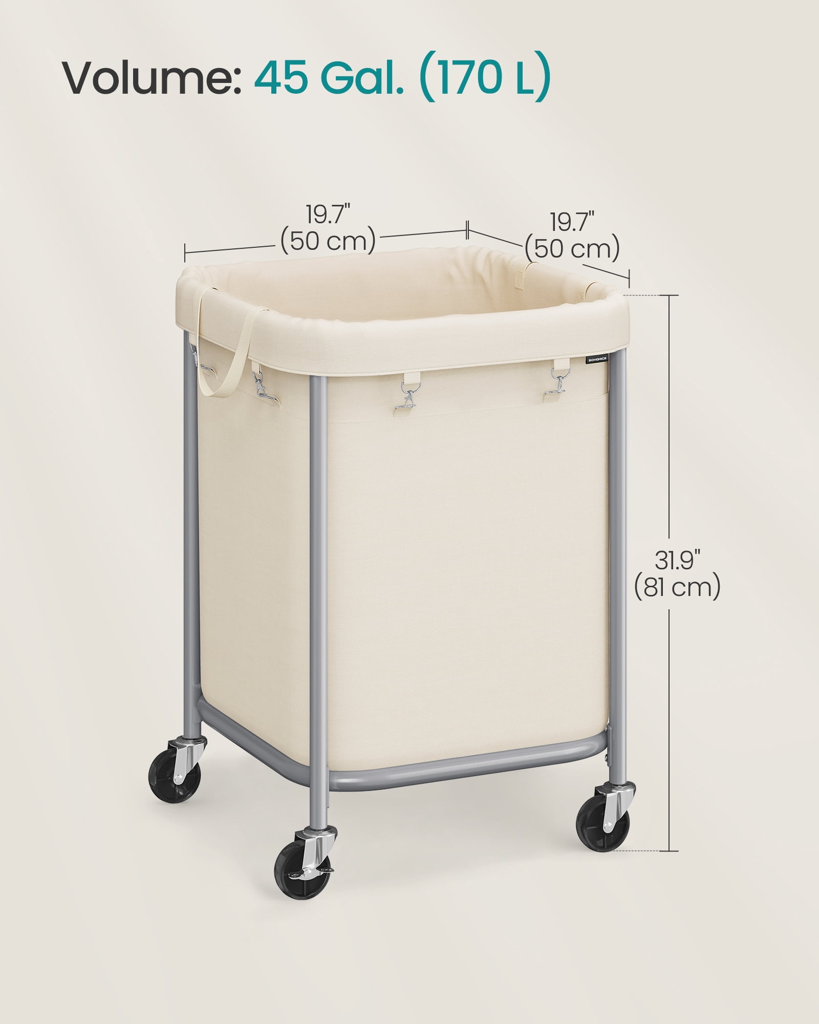 SONGMICS 45-Gallon (170 L) Laundry Basket with Wheels,with Steel Frame and Removable Bag, 2 Locking Wheels, Cream White and Metallic Silver