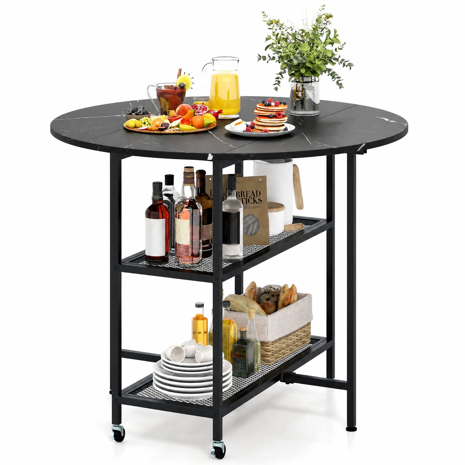 Furnibear Folding Round Dining Table with Lockable Wheels and 2 Storage Shelves and Sturdy Metal Frame for Small Spaces, Black