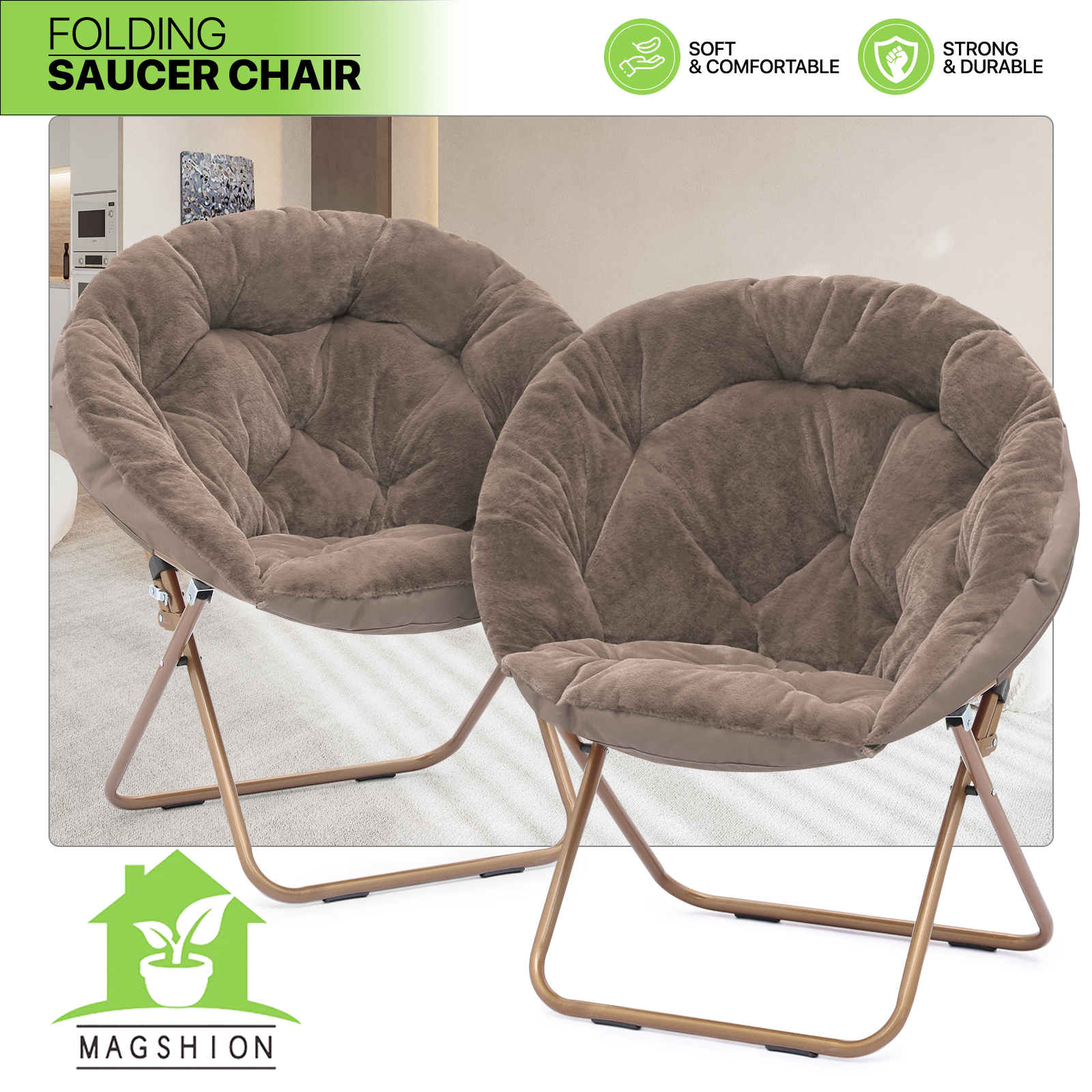 Magshion Set of 2 Comfy Saucer Chair, Foldable Faux Fur Lounge Chair for Bedroom Living Room, Cozy Moon Chair with Metal Frame for Adults, X-Large, Beige - image 2 of 10