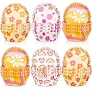 **600pcs boho cupcake liners retro groovy party cupcake wrappers spring summer rainbow daisy flower paper baking cups baking liners for baby shower wedding birthday party supplies