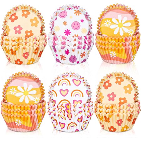 **600pcs boho cupcake liners retro groovy party cupcake wrappers spring summer rainbow daisy flower paper baking cups baking liners for baby shower wedding birthday party supplies