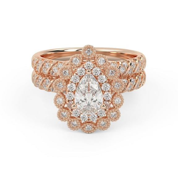 AFFY Teardrop Double Halo Bridal Set Rings for Women Center 7X4.5MM Pear and Round Cut Lab Created Moissanite Engagement Wedding Ring In 10K Solid Rose Gold Size 10