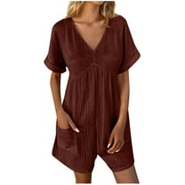 ABATAB Summer Rompers for Women Cotton Linen Beach Flowy Short Sleeve V Neck Onesie Lightweight Wide Leg Shorts Jumpsuits with Pockets(3X-Large,Wine)
