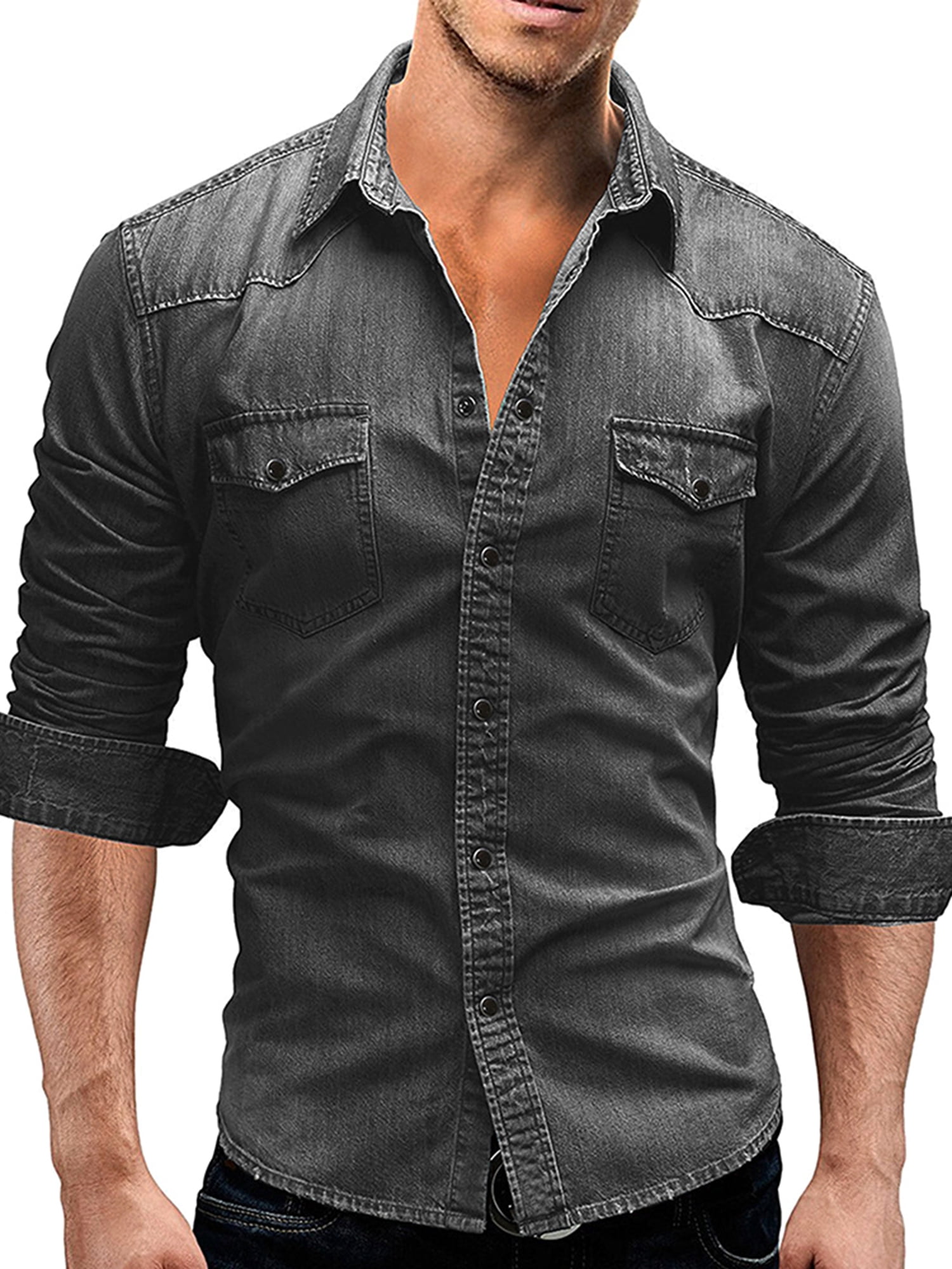 SUNSIOM  Men's Spring Autumn Casual Shirts Solid Color Long Sleeve Lapel Denim Tops Button Shirts