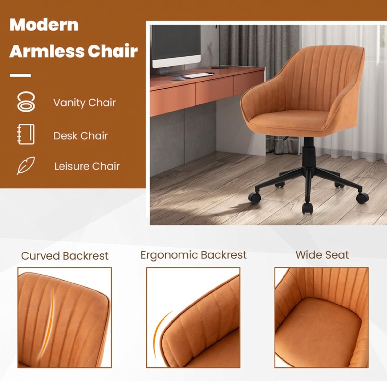 Furnibear Modern Home Office Chair Ergonomic PU Leather Swivel Task Chair Adjustable Height Computer Desk Chair with Curved Backrest, Brown