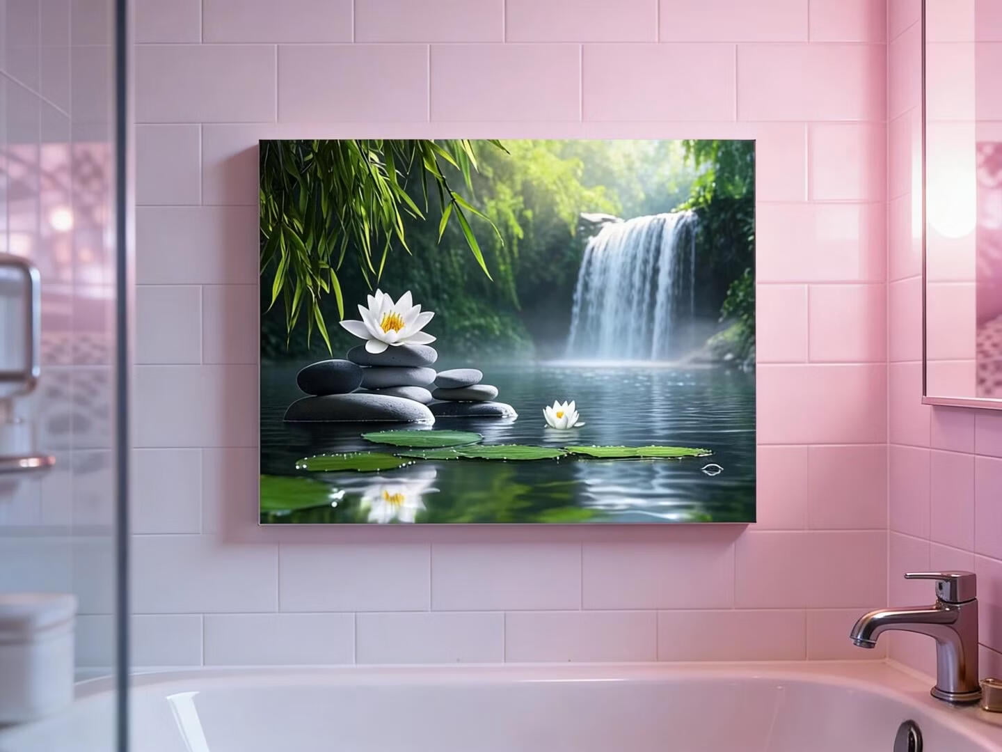 Mudket Framed Canvas Wall Art, Zen Waterfall Lotus Stacked Stones Wall Decor, Serene Spa Nature Waterproof Art Prints for Bathroom Bedroom Living Room Home Wall Decor - 30"L x 20"W