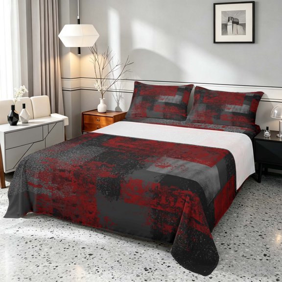 Manfei Ombre Grunge Queen Sheets, Red Black Oil Painting Queen Sheet Sets, Black Reversible 4pcs1 Flat Sheet 1 Fitted Sheet 2 Pillowcases