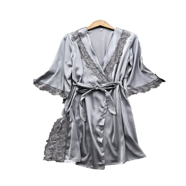 Femmes 3Pcs Soie Satin Lingerie Ensemble Robe et Robe et G-String Nuisette Ensembles Pyjama Vêtements de Nuit