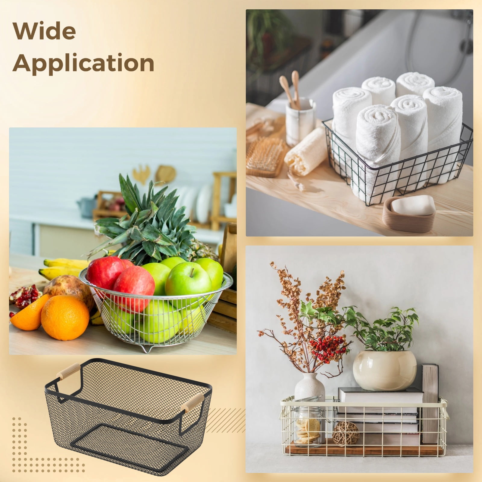 4 Pack Metal Mesh Wire Storage Baskets – Small Black Desktop Bin Set, Dual Bamboo Handles, Rust-Resistant Iron, Stackable for Kitchen, Home Office & Pantry Organization