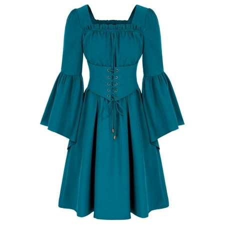 XVJRHAK Tank Dresses for Women 2024 Darkness Dress Women Medieval Bell Long Sleeve Dress Square Neck Corset Dress With Pockets (Blue M)