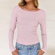BSDJILFG Womens Striped Shirts Y2K Juniors Crop Top Long Sleeve Open Back Crewneck Fall Spring Lounge Tops 2026