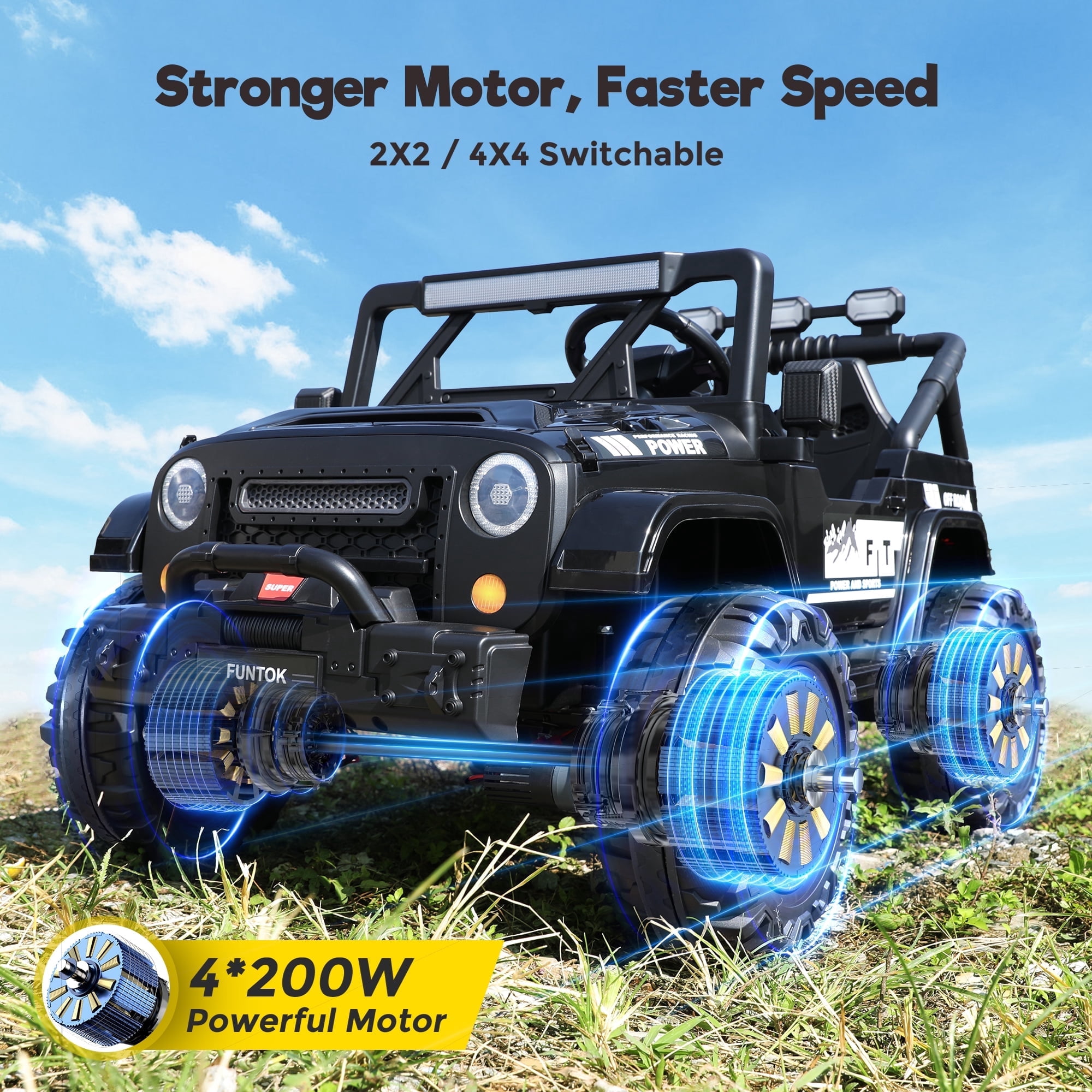 FUNTOK 24 Volt 2 Seater Kids Ride on Toys w/ 20 " Large Seat, 4 x 200W Motor Electric Vehicle Car, 4WD/2WD Switchable Battery Powered Ride on Truck, 3 Speeds with Remote Control & LED Lights, Black