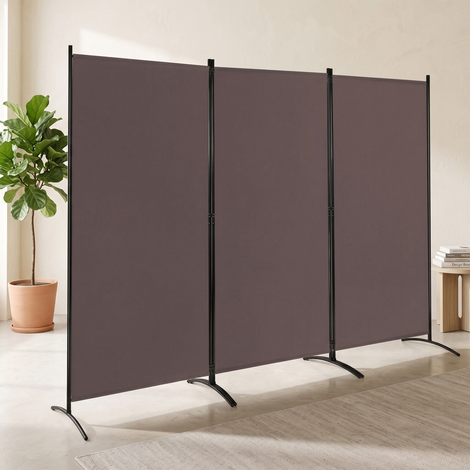 ALPULON 3-Panel Room Divider Folding Privacy Screen, 6 FT Freestanding Partition Panel Screen with Durable Hinges and Steel Base for Office, Bedroom, Home Decor, Brown