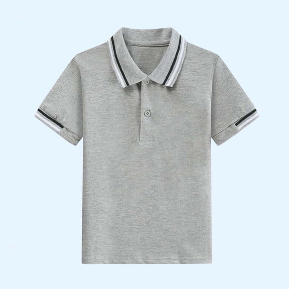 CYRBOKO Boys Short Sleeve Polos, Striped Collared Casual Cotton School Uniform Tops Gray Size 9-10 T