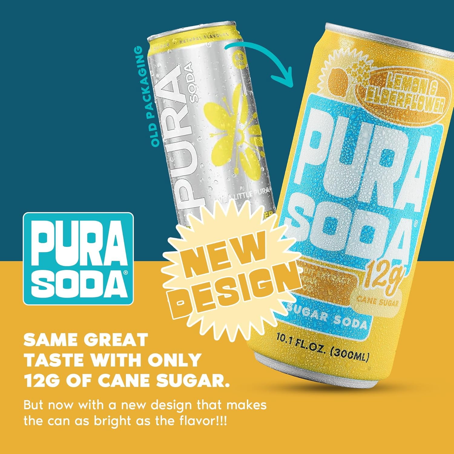 PuraSoda® Lemon & Elderflower | Low-Calorie, Cane Sugar Soda Beverage | Non-GMO, Vegan | Made with Pure Cane Sugar, No Preservatives | 10.1 fl oz (300ml) Cans, 24-Pack