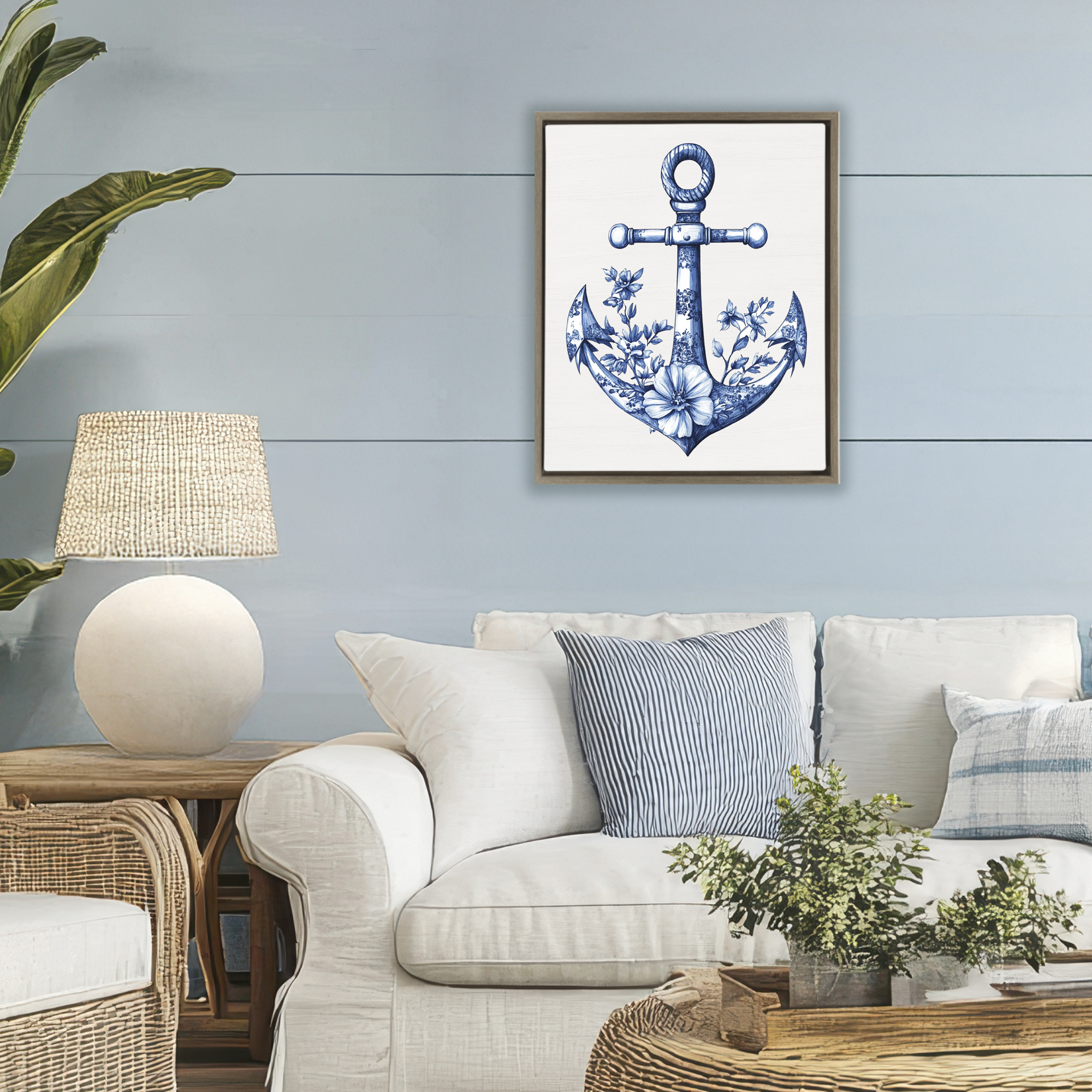 Toile Patterned Anchor Brown Framed Floater Canvas Wall Art, design by Lettered and Lined