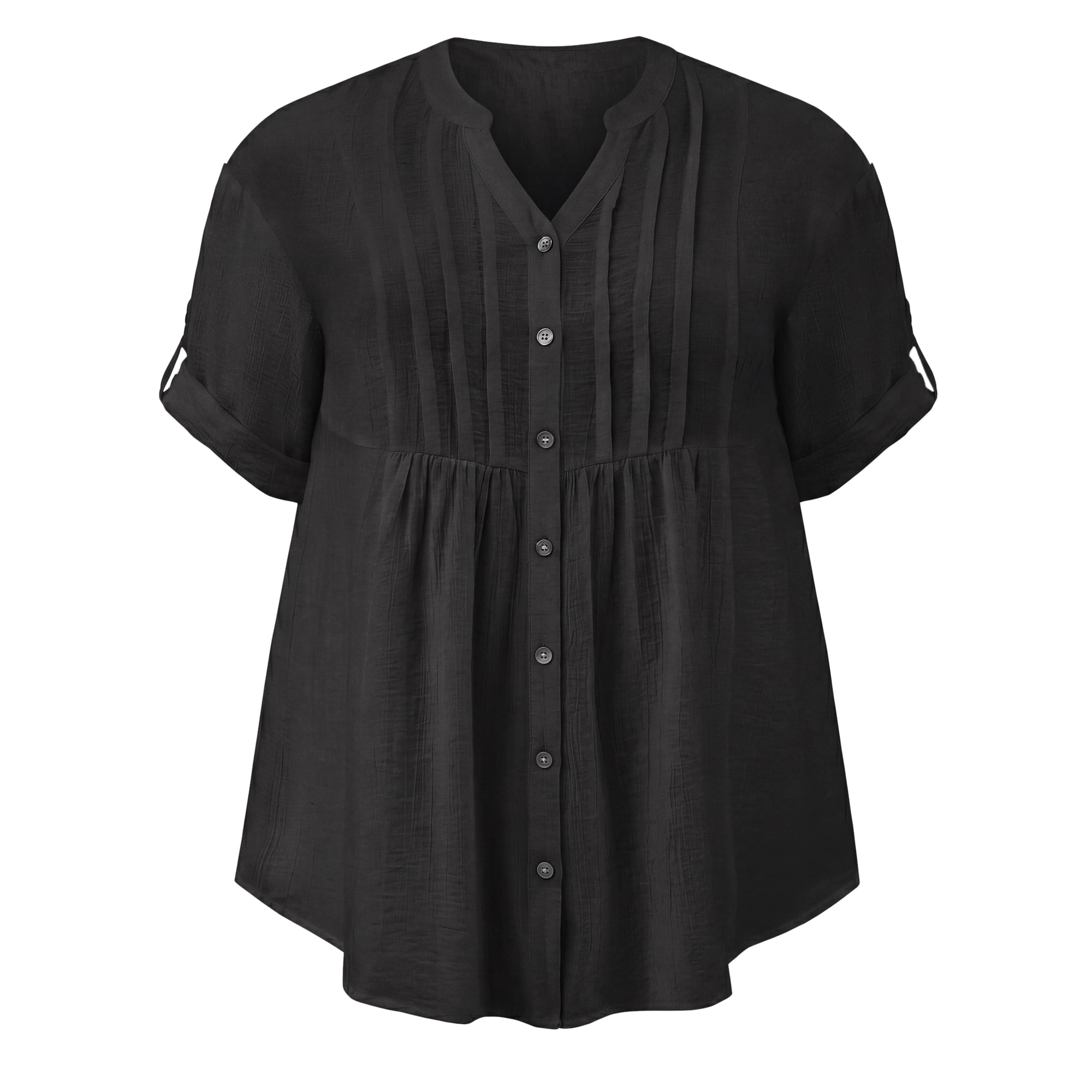 DARING DIVA Women's Plus V Neck 3/4 Sleeve Pleated Textured Dressy Button Shirts 3X Black
