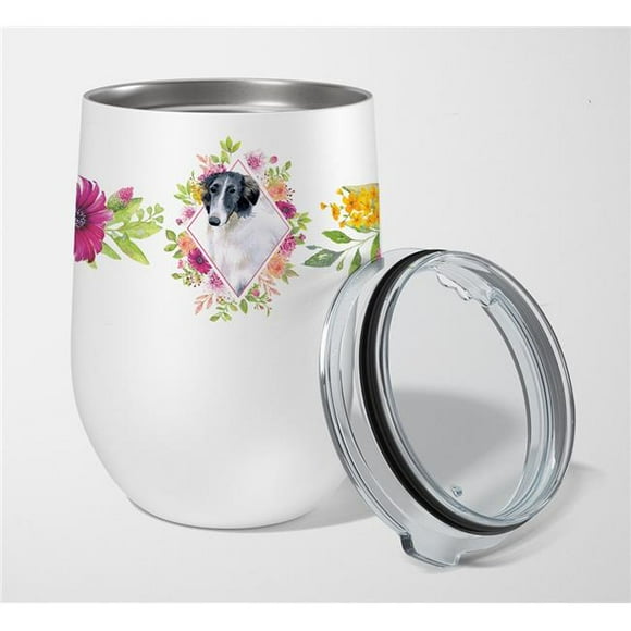 12 oz Borzoi Pink Flowers Stainless Steel Stemless Wine Glass