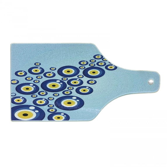Evil Eye Cutting Board, Diagonal Evil Eye Pattern Lively Protection Turkish Cultural, Decorative Tempered Glass Cutting and Serving Board, Wine Bottle Shape, Blue Pale Blue Yellow, by Ambesonne