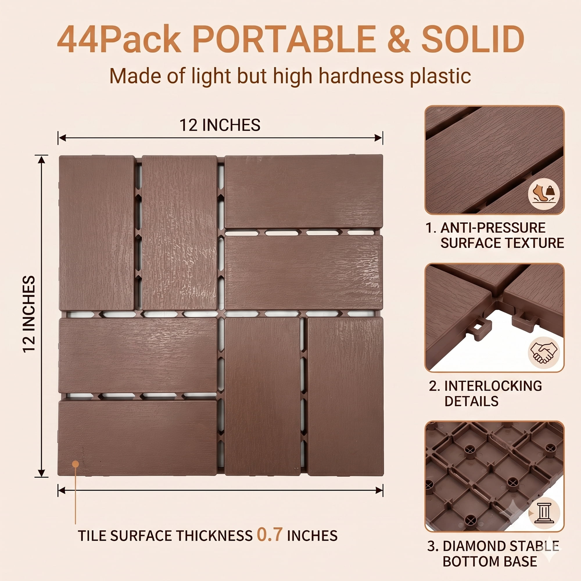 Interlocking Deck Tiles 12x12 in, Waterproof Non-Slip Outdoor Patio Flooring with Drainage Design, Snap Together Tiles for Poolside Porch Garden Backyard, Brown, 44pcs